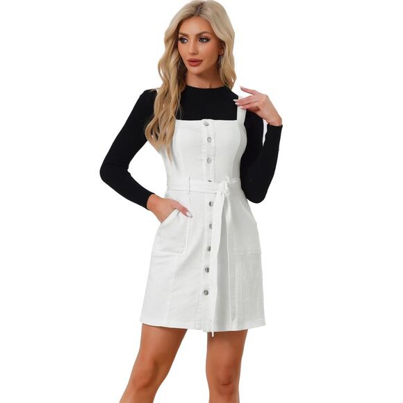 Women's Classic Adjustable Strap A-Line Overall Denim Dress White - Picture 1 of 6
